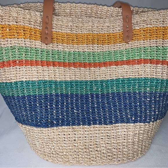 Colorful Rattan Woven Beach Tote Bag Large Summer Striped Raffia Straw Travel - Picture 4 of 13